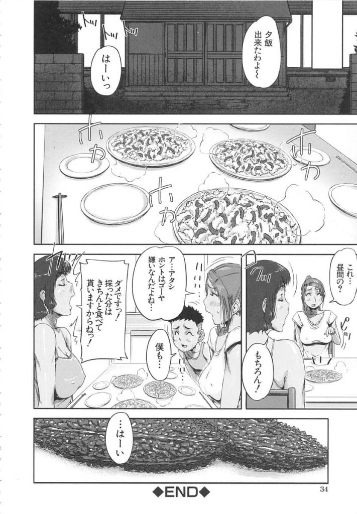 【エロ漫画】ショタボーイが短小チンコにゴーヤを被せて従姉妹のネーチャンと実母と畑の中での青姦セックスで見事に精通!【さいやずみ】